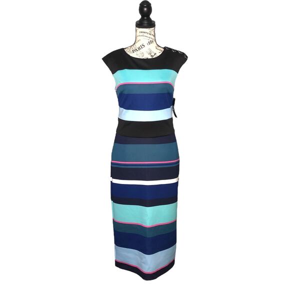 NY&Co X-SMALL Colorblock Striped Sleeveless Button Shoulder Detail Sheath Dress - Picture 1 of 14